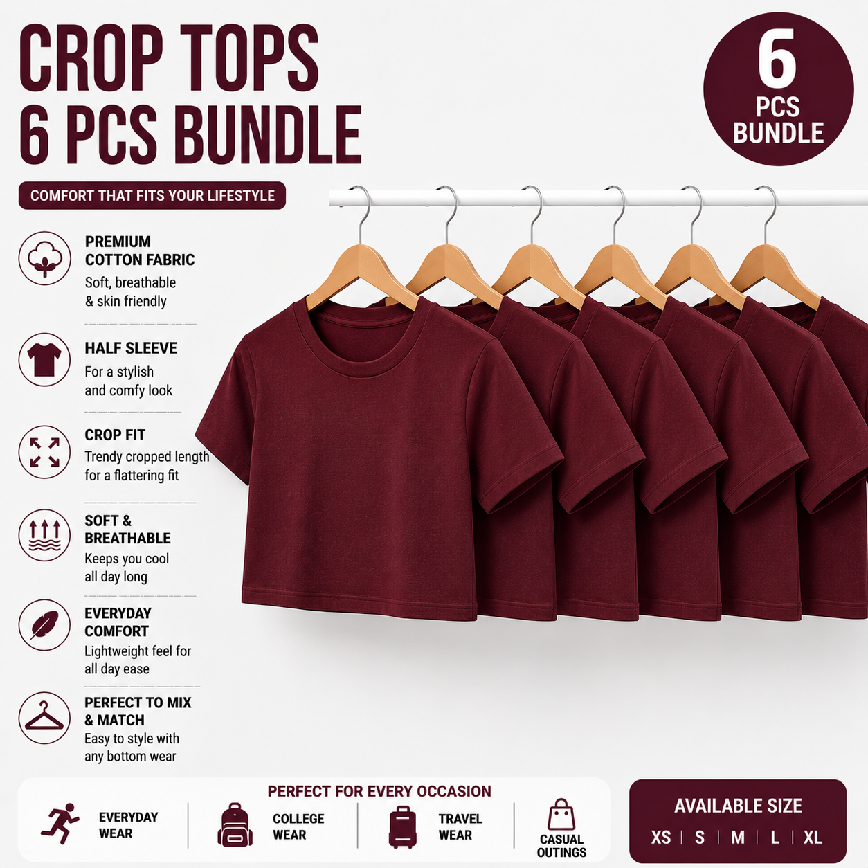 Pack of 6 Women's Crop Tops | Premium Cotton | Half Sleeve Regular Fit | Everyday Wear Combo