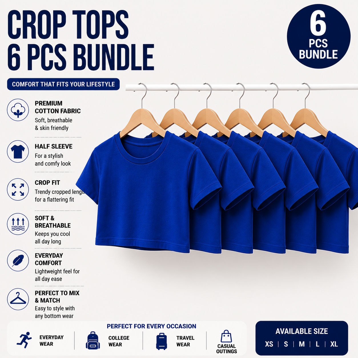 Pack of 6 Women's Crop Tops | Premium Cotton | Half Sleeve Regular Fit | Everyday Wear Combo