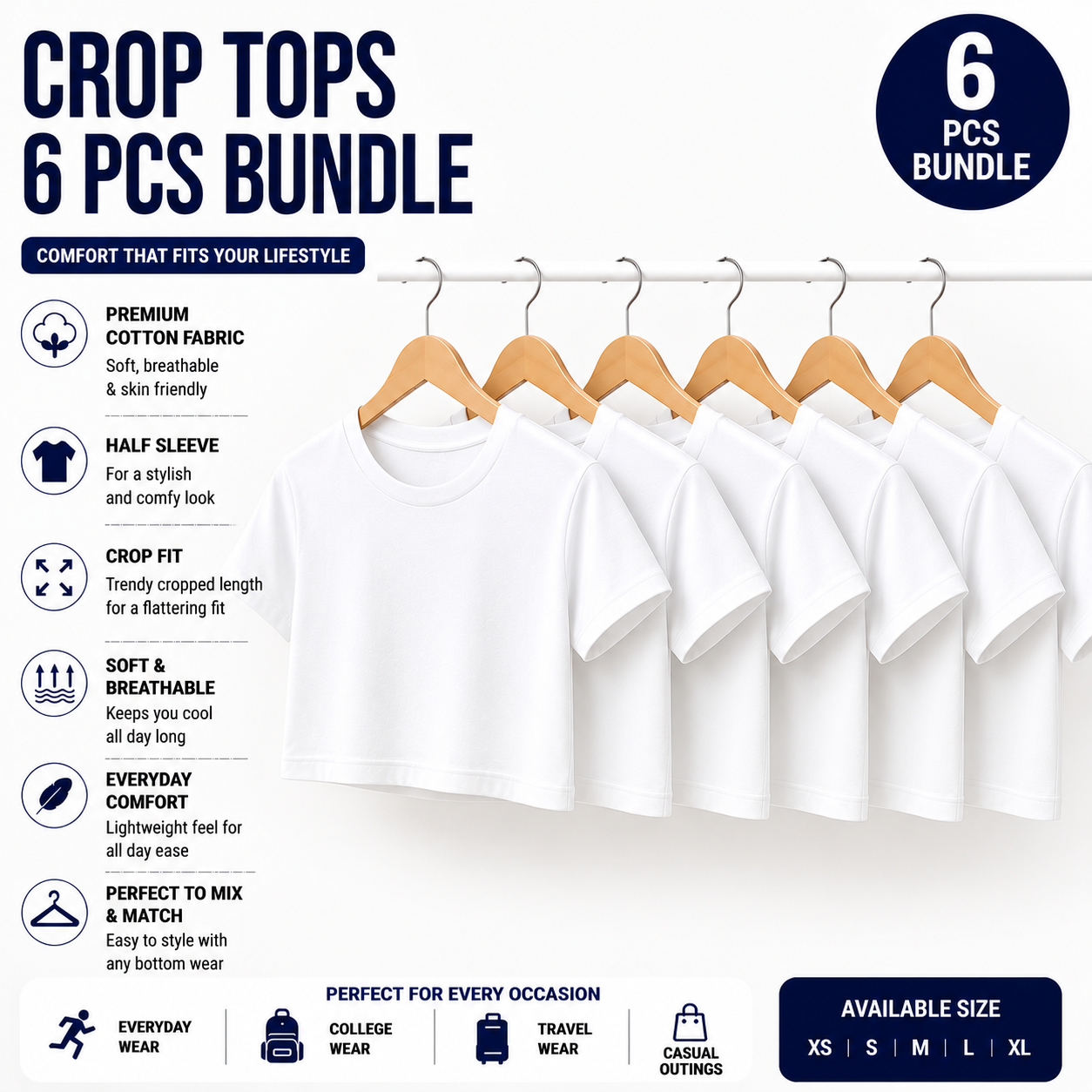 Pack of 6 Women's Crop Tops | Premium Cotton | Half Sleeve Regular Fit | Everyday Wear Combo