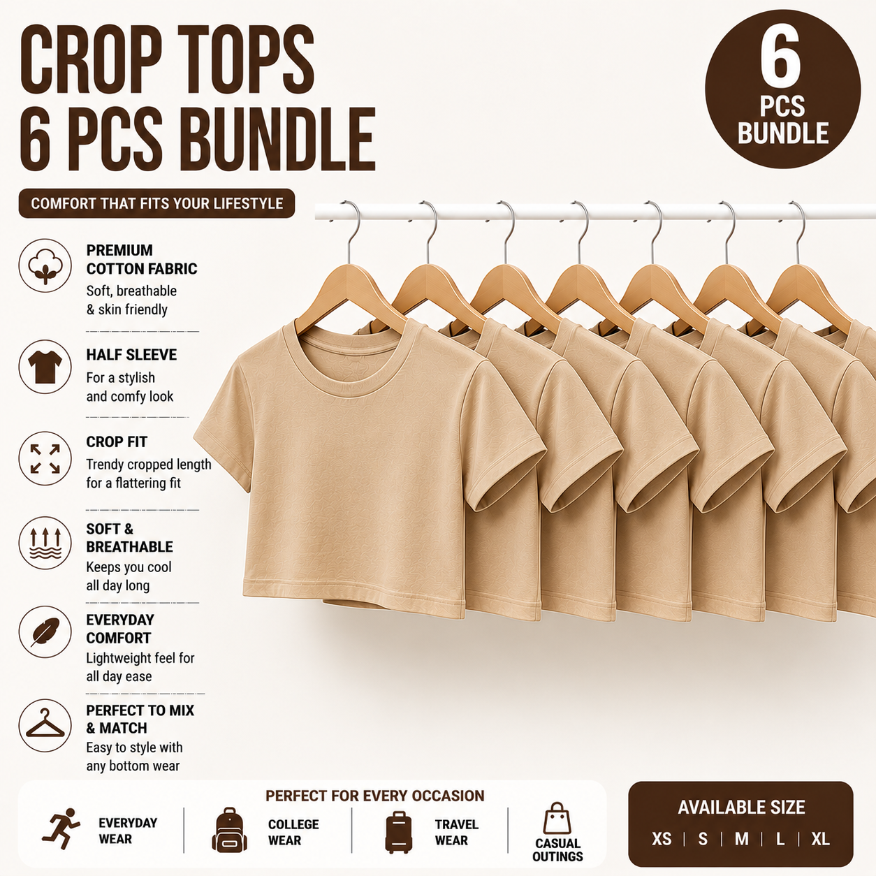 Pack of 6 Women's Crop Tops | Premium Cotton | Half Sleeve Regular Fit | Everyday Wear Combo