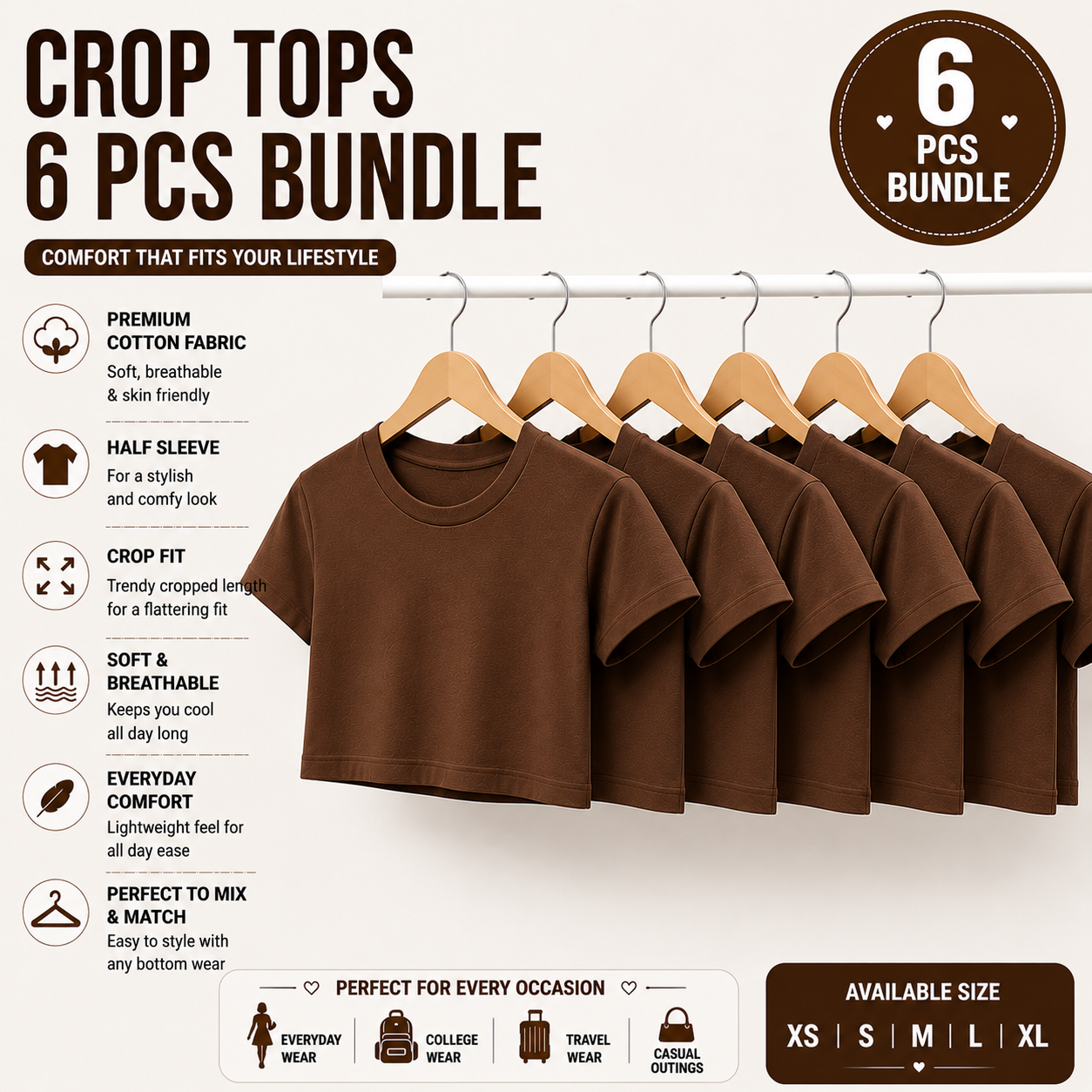 Pack of 6 Women's Crop Tops | Premium Cotton | Half Sleeve Regular Fit | Everyday Wear Combo