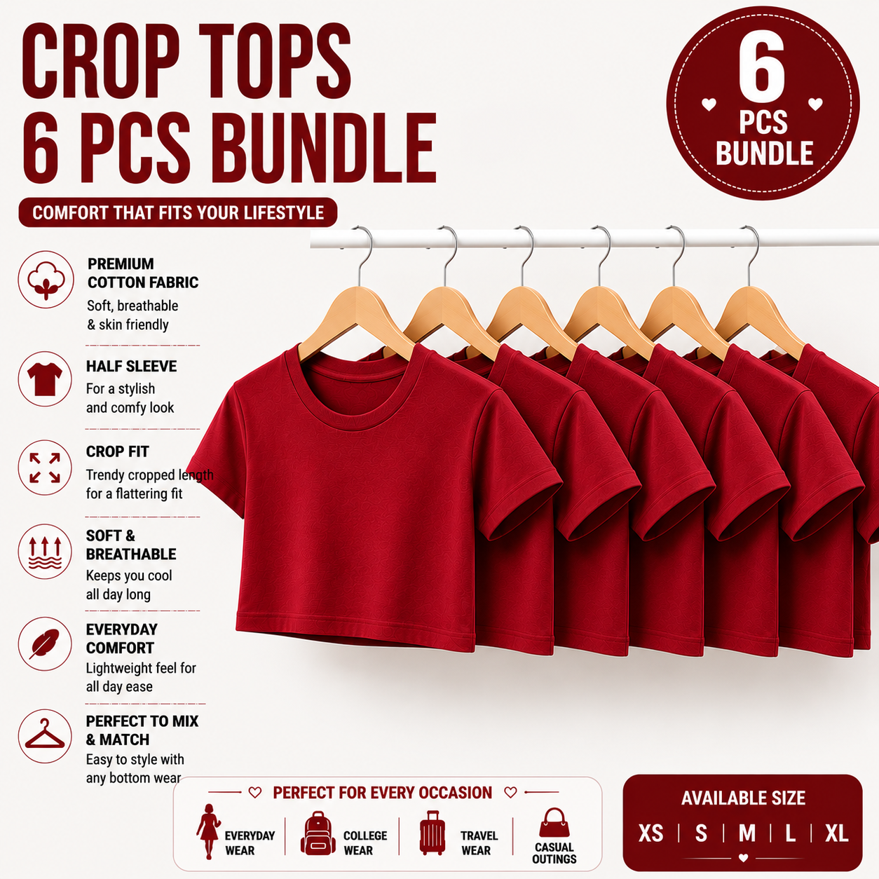 Pack of 6 Women's Crop Tops | Premium Cotton | Half Sleeve Regular Fit | Everyday Wear Combo