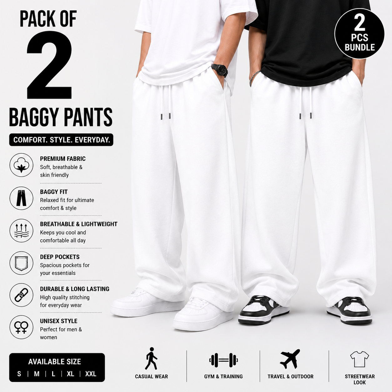 Pack of 2 Baggy Pants for Men & Women | Premium Cotton Blend | Relaxed Fit Streetwear Trousers