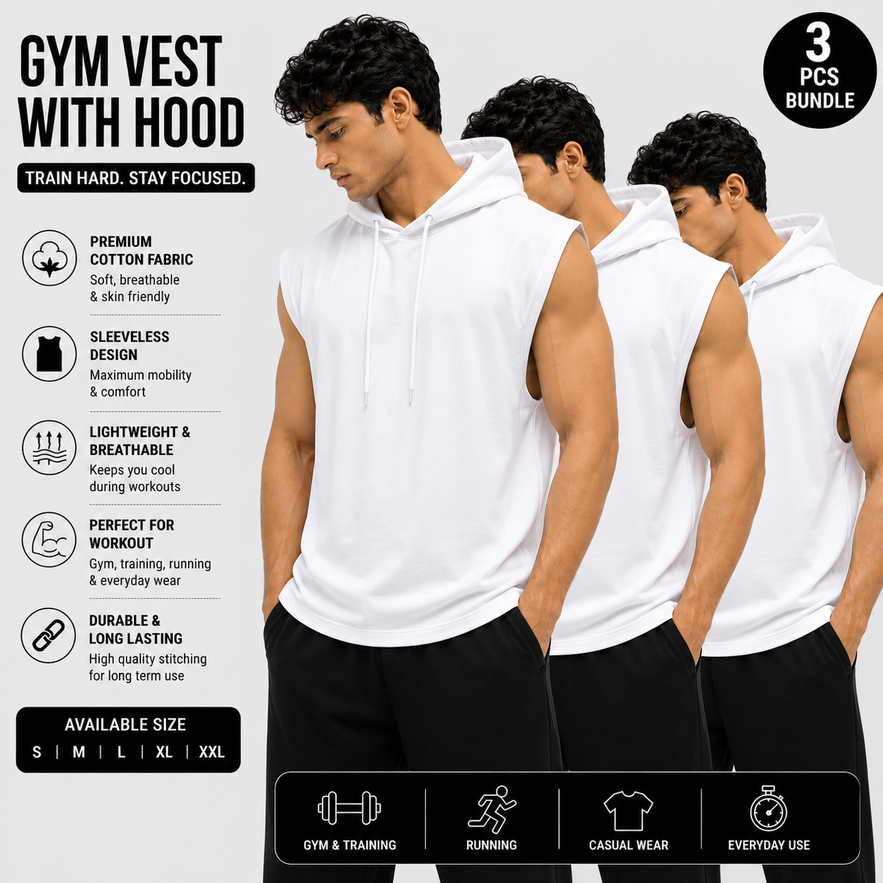 Pack of 3 Gym Vests with Hoodie | Premium Cotton Sleeveless Hooded Gym Wear | Black Combo Pack