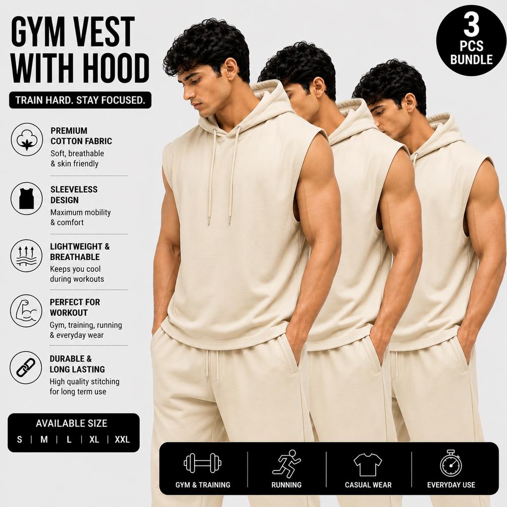 Pack of 3 Gym Vests with Hoodie | Premium Cotton Sleeveless Hooded Gym Wear | Black Combo Pack