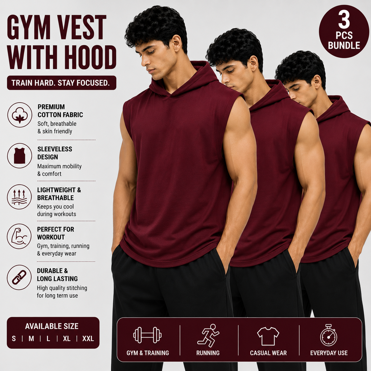 Pack of 3 Gym Vests with Hoodie | Premium Cotton Sleeveless Hooded Gym Wear | Black Combo Pack