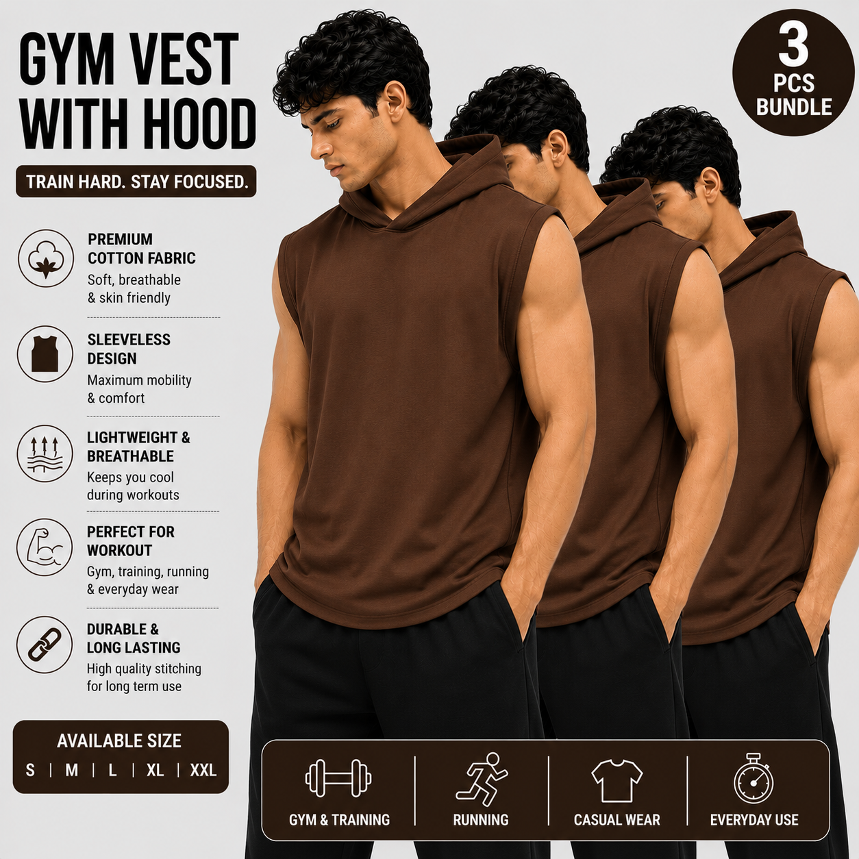 Pack of 3 Gym Vests with Hoodie | Premium Cotton Sleeveless Hooded Gym Wear | Black Combo Pack