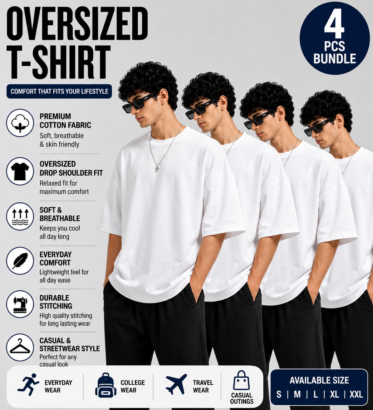 Pack of 4 Black Oversized T-Shirts | Premium Cotton | Drop Shoulder Unisex Fit | Everyday Wear Combo