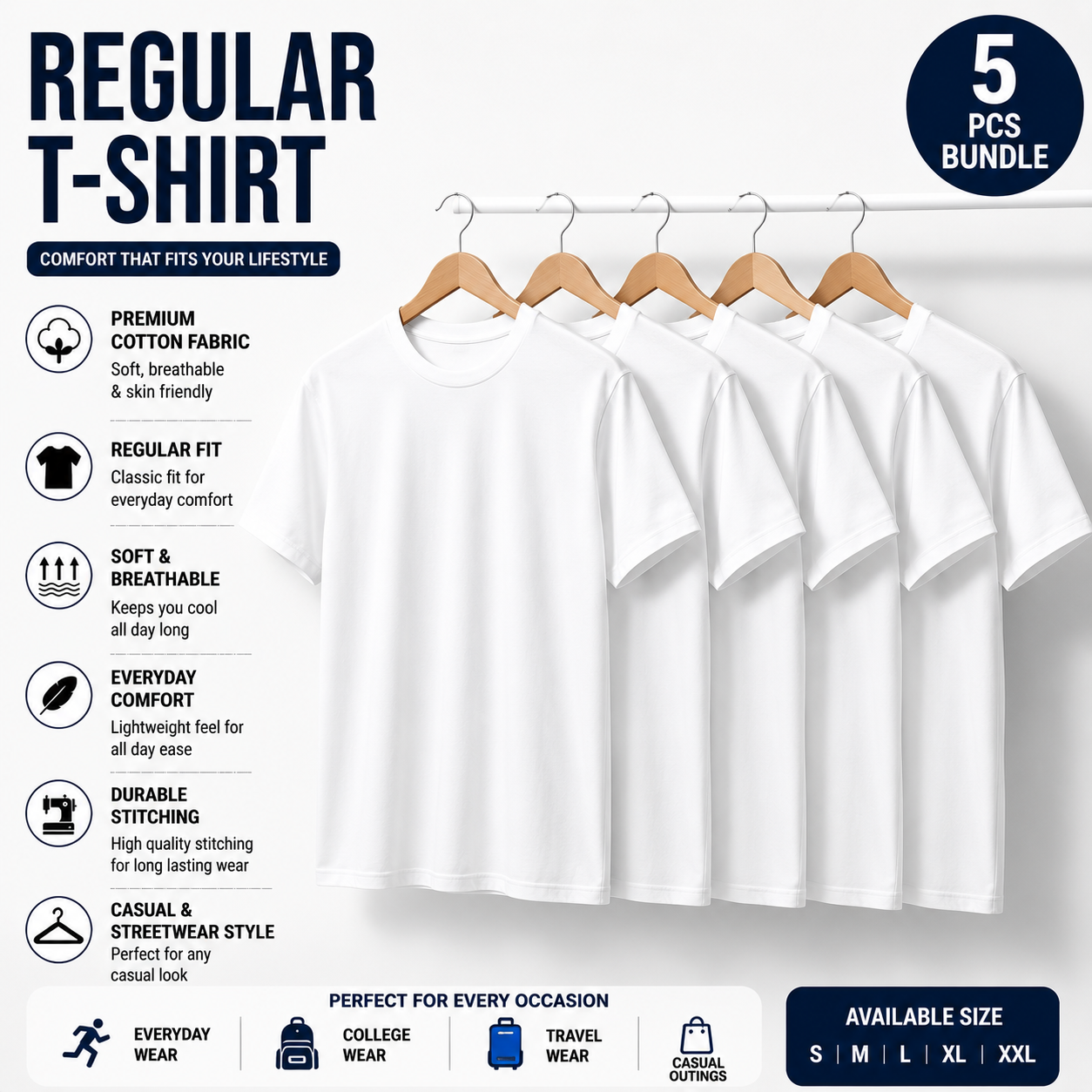 Pack of 5 Black Regular T-Shirts for Men & Women | 180 GSM Premium Cotton | Unisex Everyday Wear