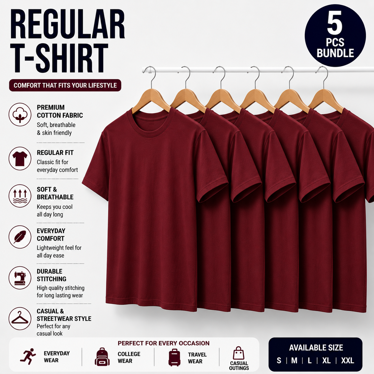 Pack of 5 Black Regular T-Shirts for Men & Women | 180 GSM Premium Cotton | Unisex Everyday Wear