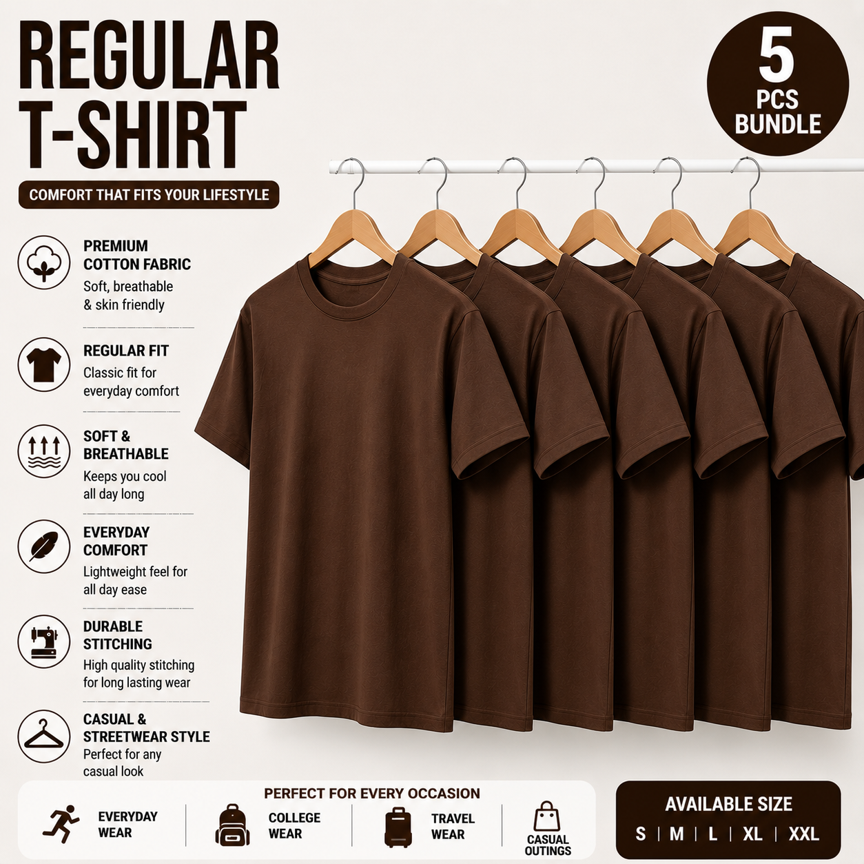 Pack of 5 Black Regular T-Shirts for Men & Women | 180 GSM Premium Cotton | Unisex Everyday Wear
