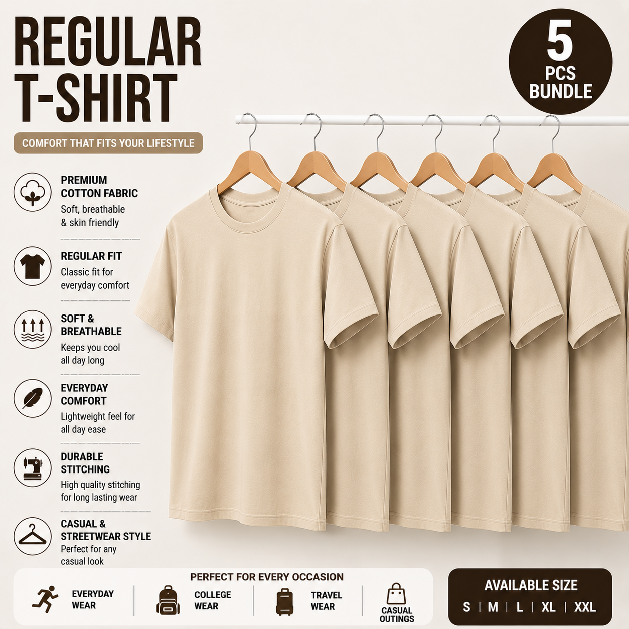 Pack of 5 Black Regular T-Shirts for Men & Women | 180 GSM Premium Cotton | Unisex Everyday Wear