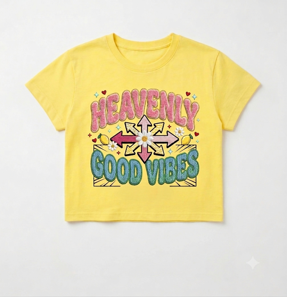 "Heavenly Good Vibes" Yellow Textured Graphic Crop Top