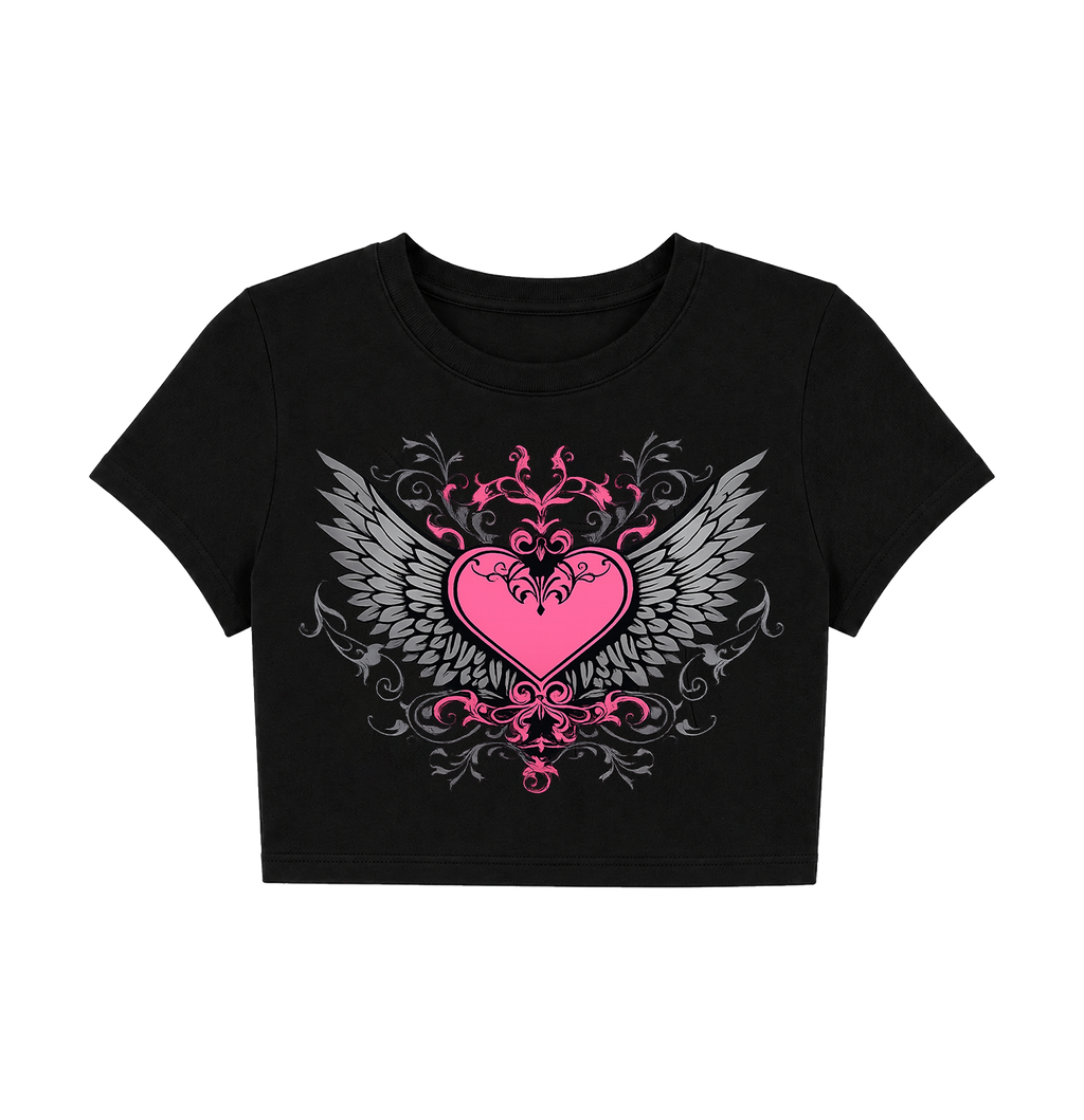 Cyber Y2K Winged Baroque Heart Crop Top - Black Grunge E-Girl Tee