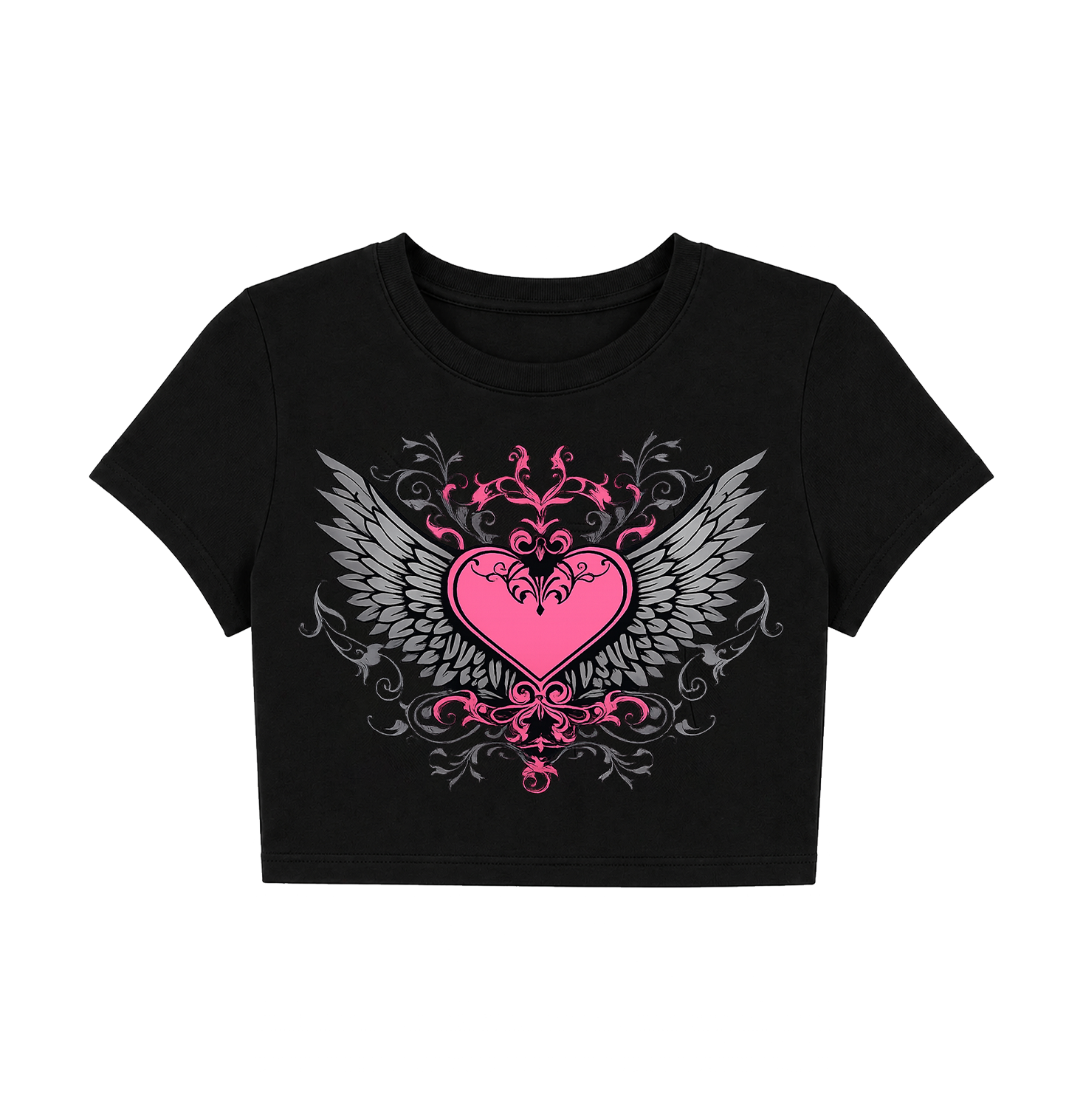 Cyber Y2K Winged Baroque Heart Crop Top - Black Grunge E-Girl Tee