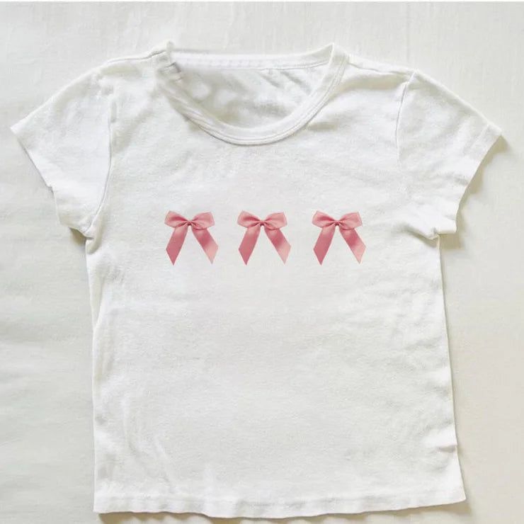 White 3 Bow Printed Crop Top for Women
