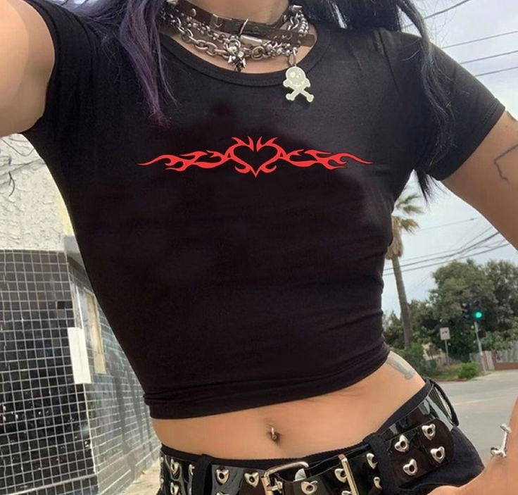 Cyber Y2K Tribal Flame Heart Crop Top - Black Graphic Tee