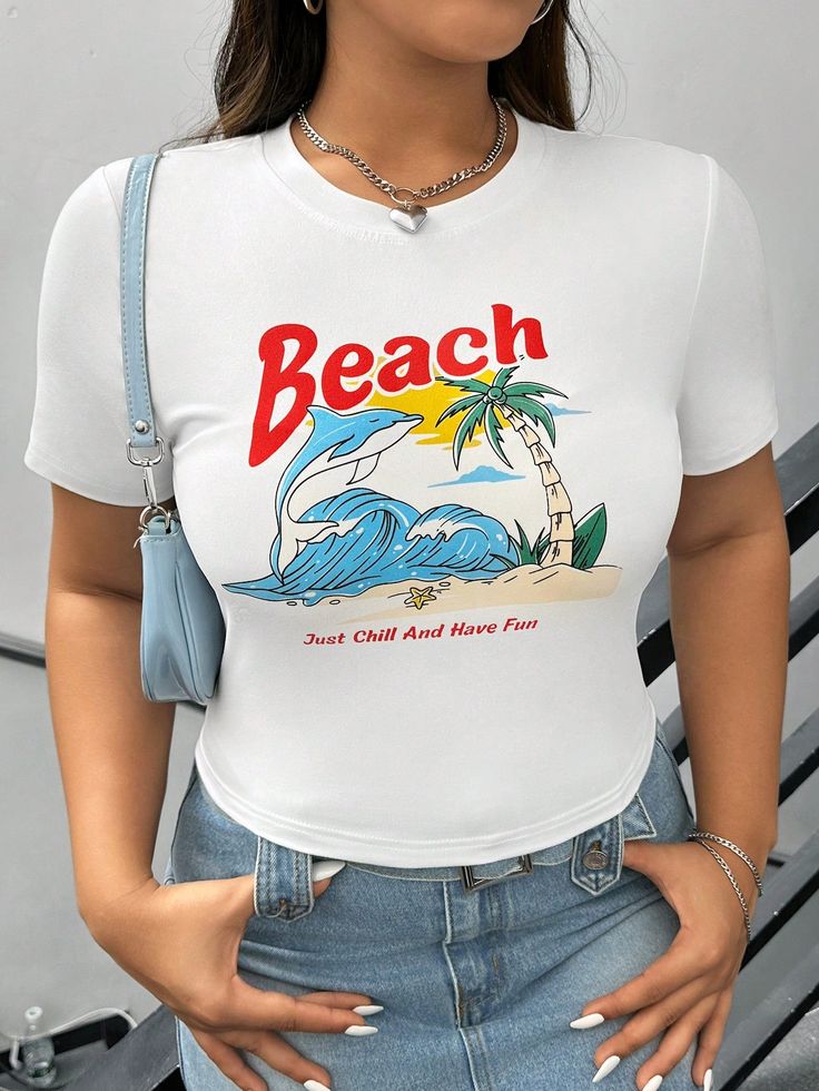 Retro Beach Dolphin Crop Top - White Y2K Summer Graphic Tee