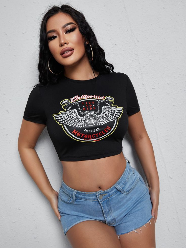 Vintage California Biker Crop Top - Black Graphic Tee