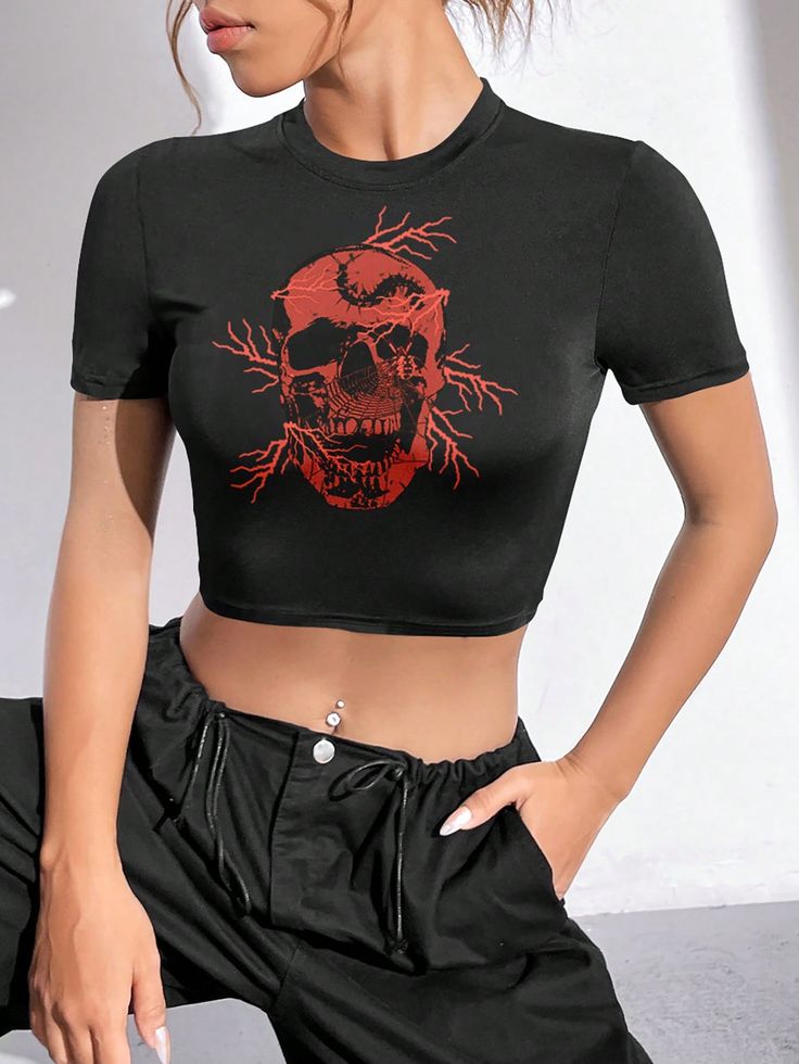 Y2K Lightning Skull Crop Top - Black & Red Graphic Tee