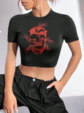 Y2K Lightning Skull Crop Top - Black & Red Graphic Tee