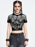 Gothic Lost Souls Skull Crop Top - Black Grunge Graphic Tee