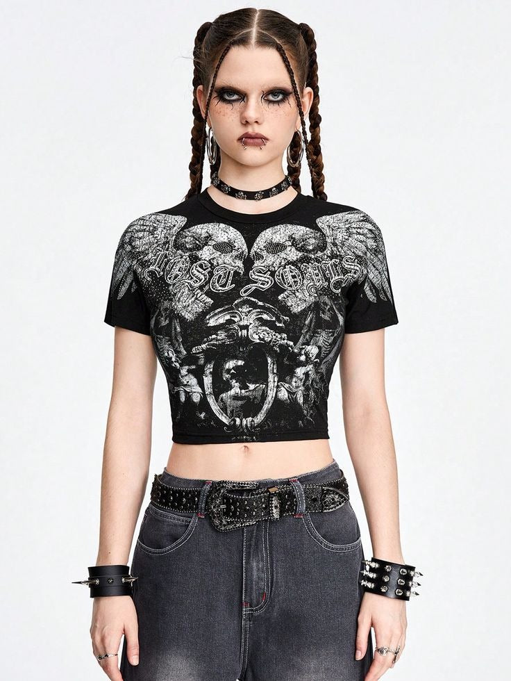 Gothic Lost Souls Skull Crop Top - Black Grunge Graphic Tee