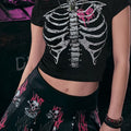 Y2K Skeleton Rib Cage Crop Top - Black Grunge Graphic Tee
