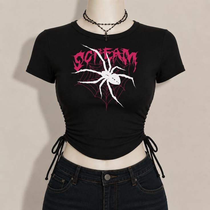 Gothic Scream Spider Web Crop Top - Black Alt Graphic Baby Tee
