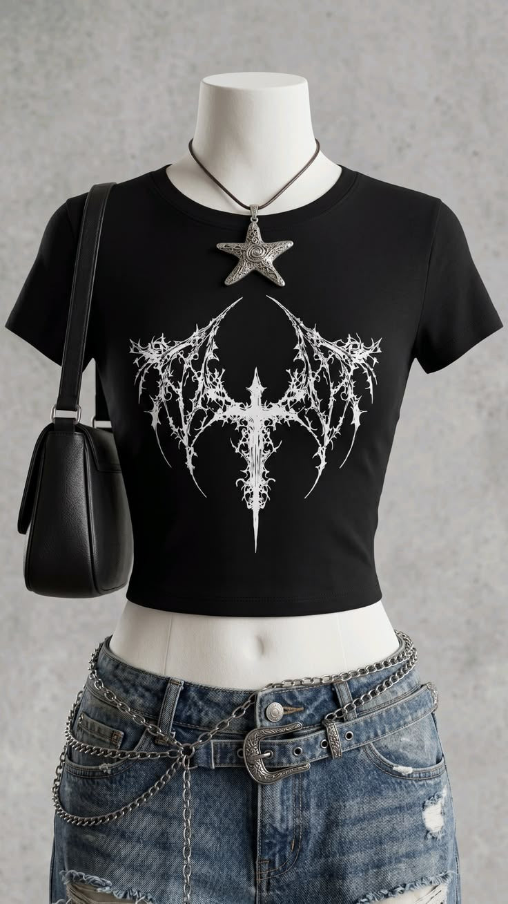 Cyber Goth Barbed Cross Crop Top - Black Grunge Graphic Tee