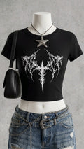 Cyber Goth Barbed Cross Crop Top - Black Grunge Graphic Tee