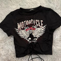 Vintage Motorcycle Skull Ruched Crop Top - Black Graphic Tie Tee