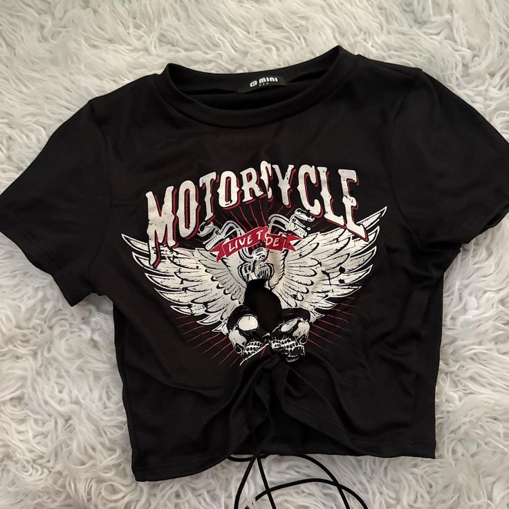 Vintage Motorcycle Skull Ruched Crop Top - Black Graphic Tie Tee
