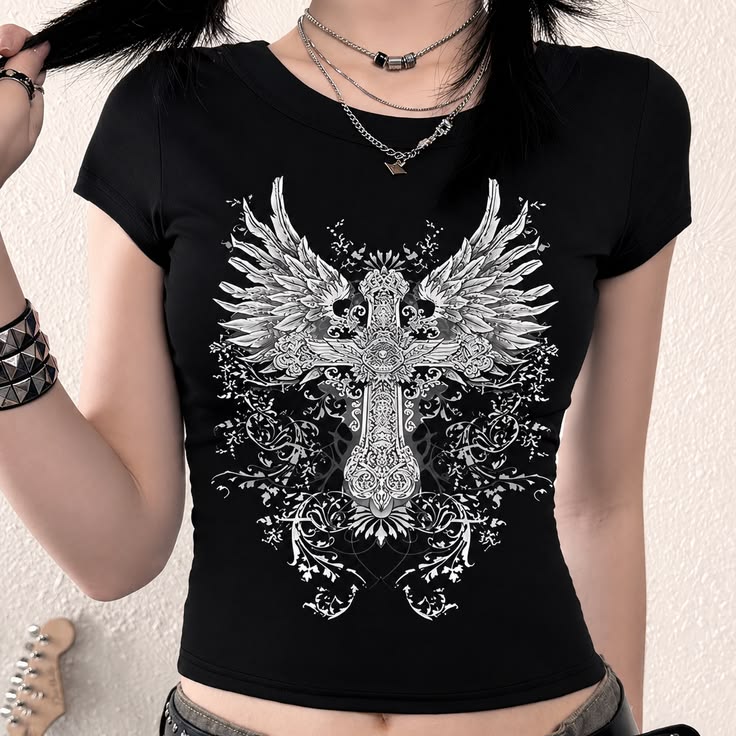 Gothic Winged Cross Crop Top - Black Grunge Graphic Tee