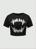 Grunge Monster Fangs Crop Top - Black Graphic Tee