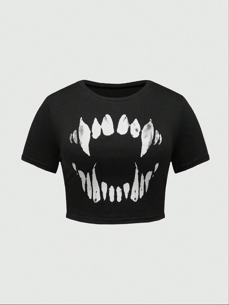Grunge Monster Fangs Crop Top - Black Graphic Tee