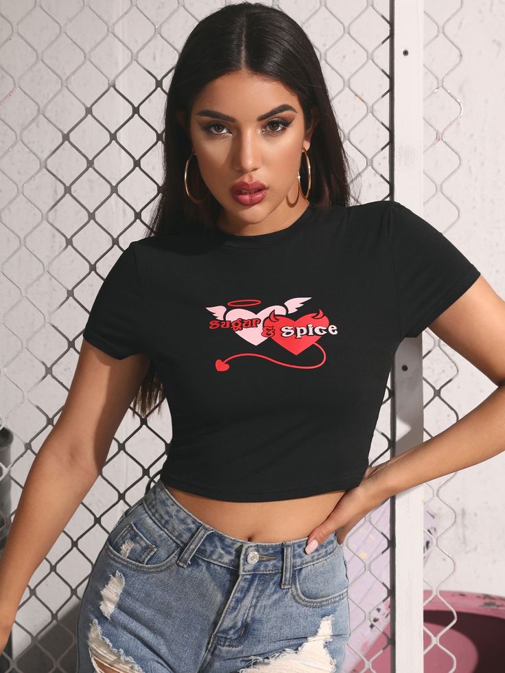 Sugar and Spice Angel Devil Heart Crop Top - Black Graphic Tee