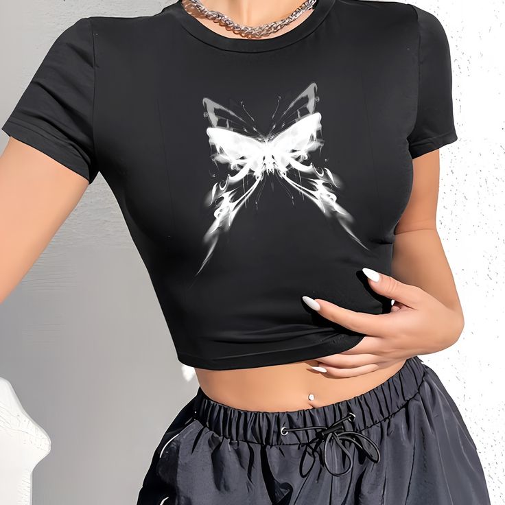 Cyber Y2K Smoke Butterfly Crop Top - Black Graphic Tee