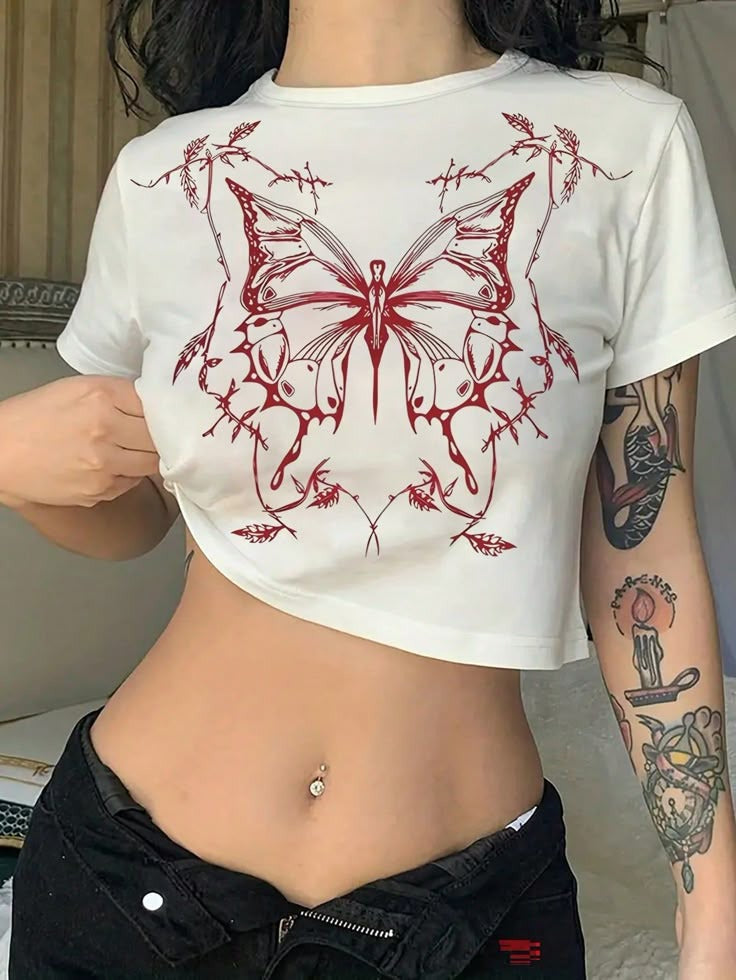 Grunge Barbwire Butterfly Crop Top - White & Red Graphic Tee