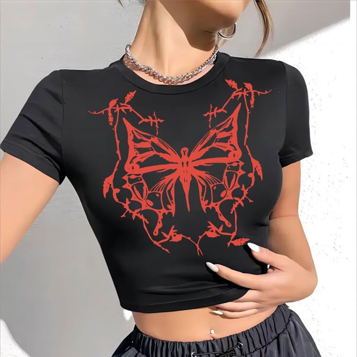 Grunge Barbwire Butterfly Crop Top - Black & Red Graphic Tee