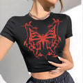 Grunge Barbwire Butterfly Crop Top - Black & Red Graphic Tee