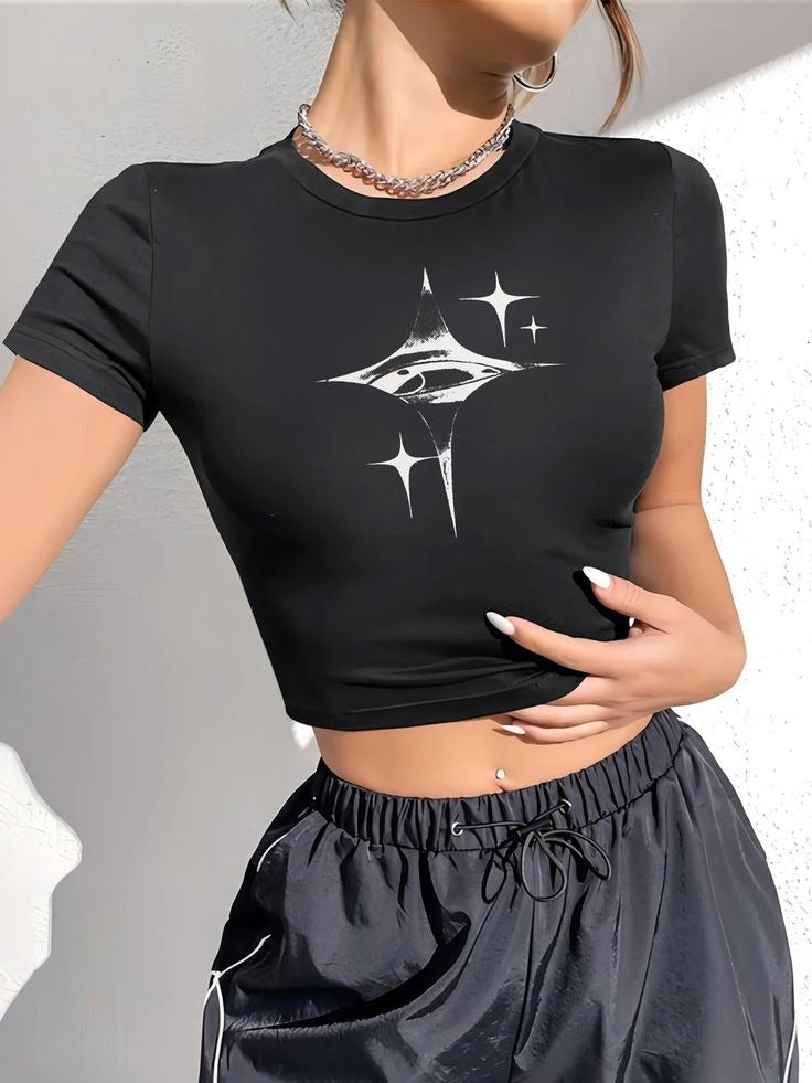 Cyber Y2K Celestial Eye Star Crop Top - Black Graphic Tee