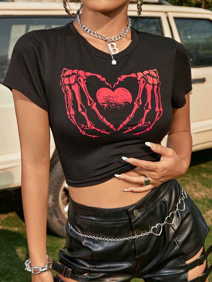 Skeleton Hands Heart Crop Top - Black & Red Graphic Tee