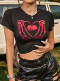 Skeleton Hands Heart Crop Top - Black & Red Graphic Tee