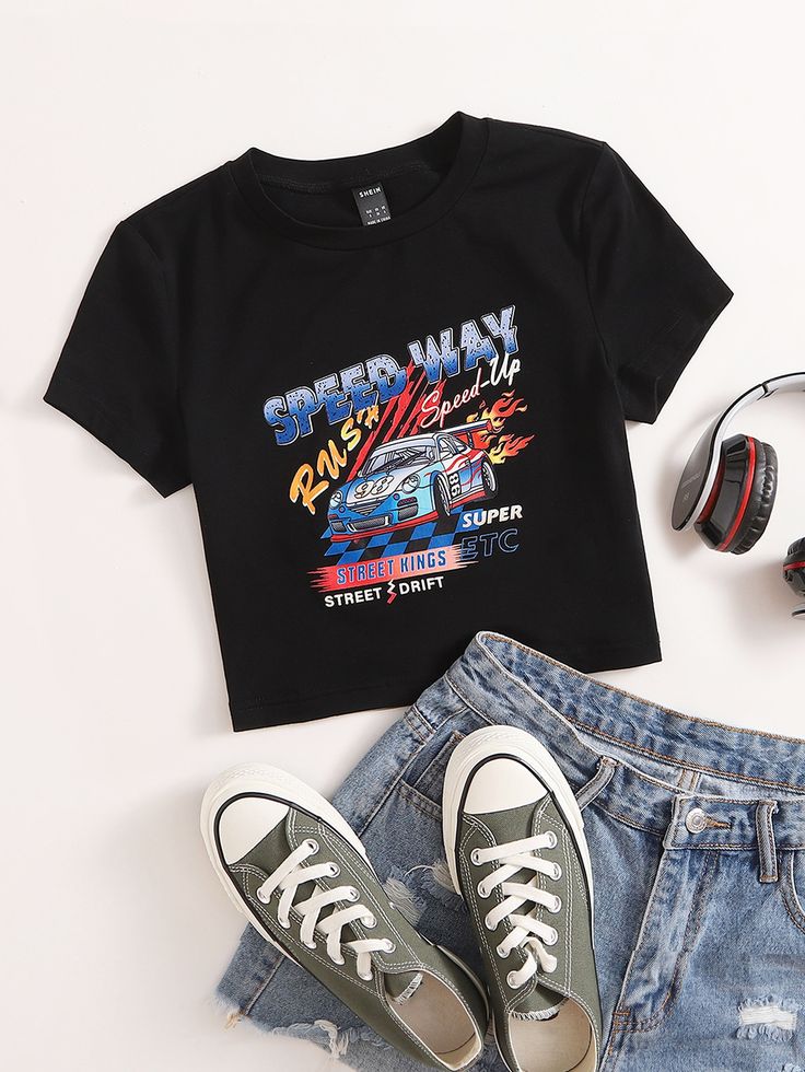 Retro Speedway Racing Crop Top - Black Graphic Tee