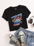 Retro Speedway Racing Crop Top - Black Graphic Tee