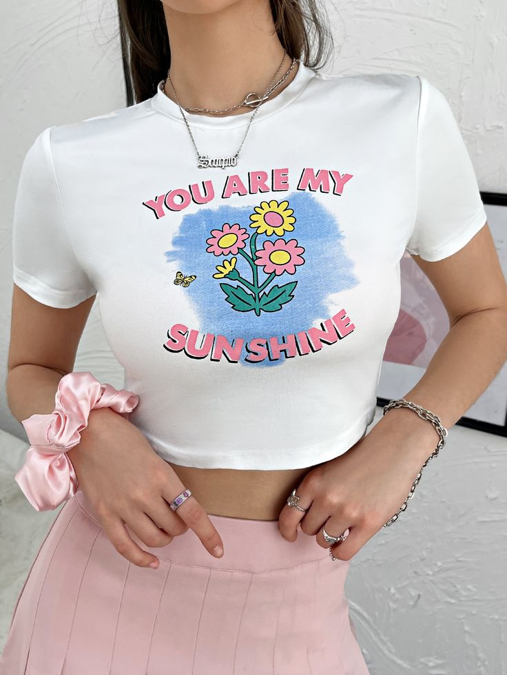 You Are My Sunshine Floral Crop Top - White Graphic Tee