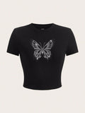 Y2K Silver Rhinestone Butterfly Crop Top - Black Glitter Graphic Baby Tee