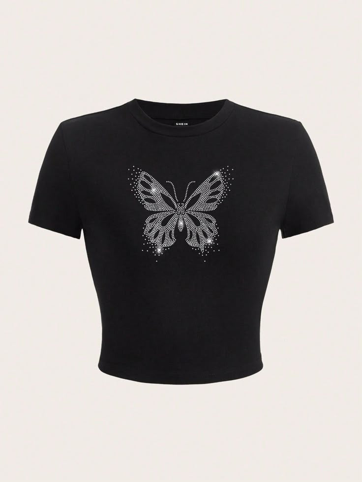 Y2K Silver Rhinestone Butterfly Crop Top - Black Glitter Graphic Baby Tee