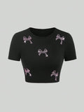 Y2K Pink Rhinestone Bow Crop Top - Black Coquette Aesthetic Baby Tee